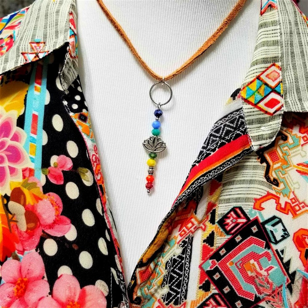 Artisan Hand Crafted Necklace Chakras Rainbow Color Silver Lotus Faux Suede Cord